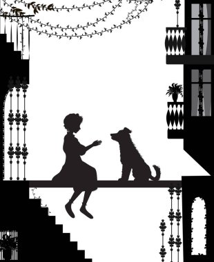 Benim arkadaş köpek, köpek ve kız siluetleri şehir