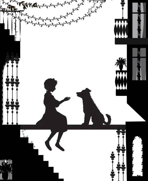 Mon ami chien, chien et fille silhouettes dans la ville — Image vectorielle