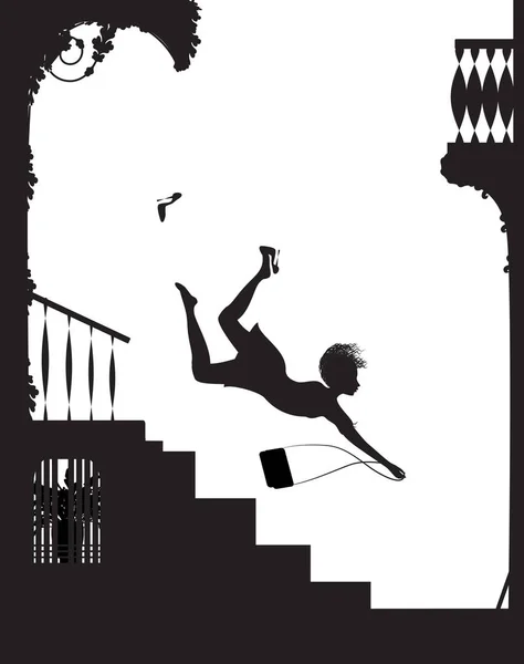 Chica fashinable en tacones altos cayendo de las escaleras, concepto de zapatos de moda peligrosos, silueta de niña cayendo — Archivo Imágenes Vectoriales