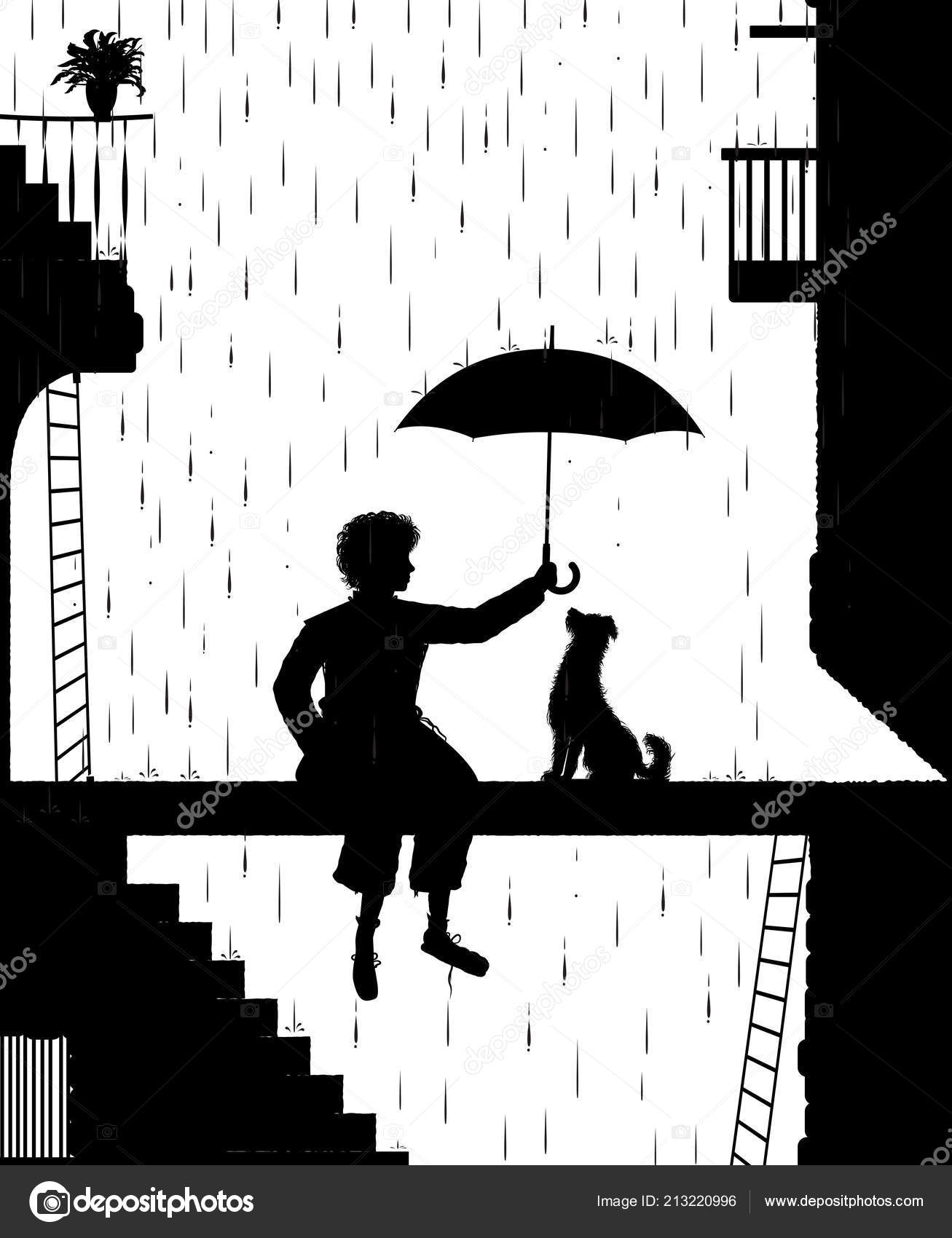 Позаботьтесь О Собаке, Swagman Держа Зонтик Над Собакой, Мой Друг.