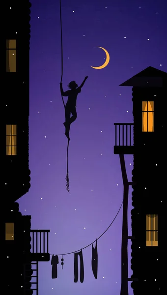 Мальчик висит на веревке и трогает луну, ловит мечту в городе , — стоковый вектор