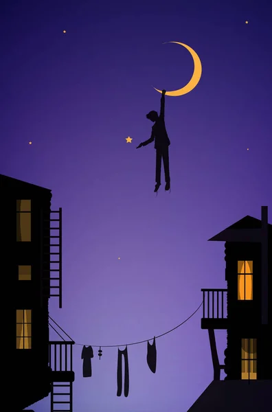Garçon suspendu à la lune, rêveur dans la ville, scène de conte de fées dans la ville — Image vectorielle