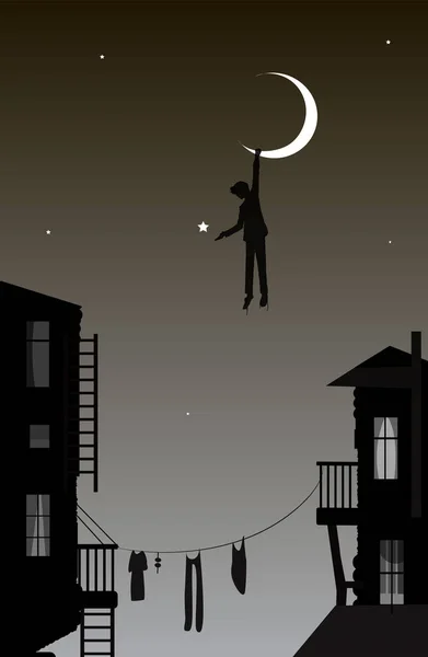 Niño colgando la luna, soñador en la ciudad, escena de cuento de hadas en la ciudad , — Vector de stock