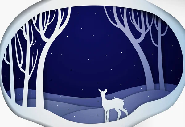 Papper vinter natt skogslandskap med unga rådjur, papper vintern fairy tale bakgrund med bambi, — Stock vektor