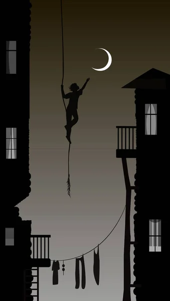 Niño colgando de la cuerda y tocando la luna, coger el sueño en la ciudad , — Vector de stock