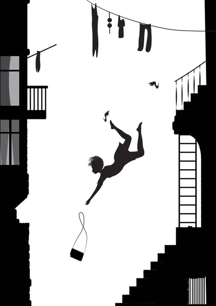 Fashinable girl on hight heels falling from the stairs, silhouette of falling girl — Stock Vector