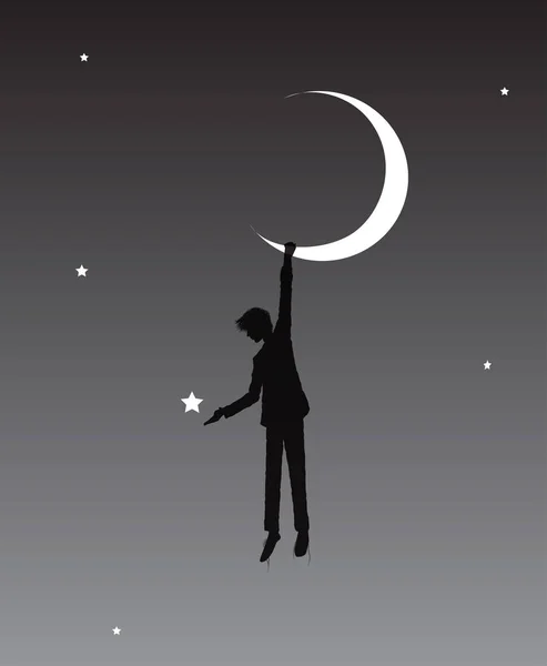 Boy hanging on the moon, on the heavens, dream, — Stock Vector