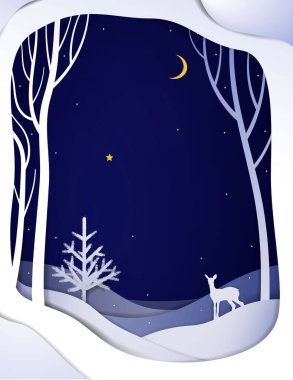 Kağıt kış orman gece manzarası genç geyik ve Noel ağacı ile kış fairytale arka plan bambi ile kağıt,