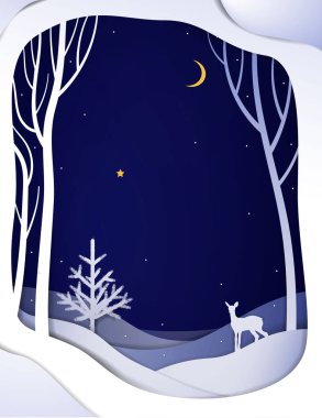 Paper winter forest night landscape with young deer and Christmas tree, paper winter fairytale background with bambi, clipart