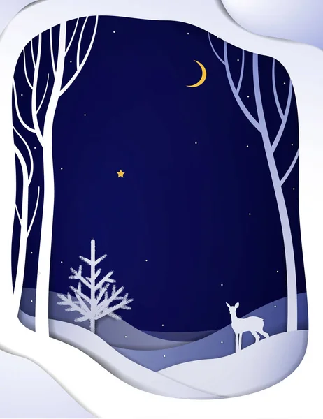 Paisaje nocturno de bosque de invierno de papel con ciervos jóvenes y árbol de Navidad, fondo de cuento de hadas de invierno de papel con bambi , — Vector de stock