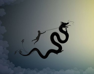 peri ejderha yakalamak ve iş parçacığı üzerinde tutan genç adam savaş üzerinde ejderha, dreamland, kahraman, siyah ve beyaz fairytale sahne ile sky,