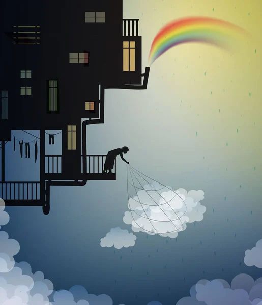 Guardián de nubes, creando el arco iris atrapando la nube, casa mágica en los cielos en la tierra de los sueños, guardián de la lluvia, escena del país de las maravillas, historia de siluetas, sombras , — Vector de stock