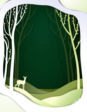 Paper spring forest landscape with young deer, paper spring fairy tale background with bambi, clipart