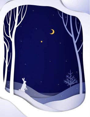 Paper winter forest night landscape with white hare and Christmas tree, paper winter fairytale background , clipart