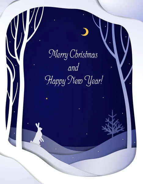 Papier hiver forêt nuit paysage avec lièvre blanc et arbre de Noël, papier hiver fond conte de fées avec texte , — Image vectorielle