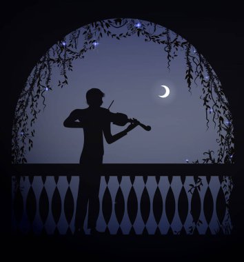 kemancı bir balkon romantik karanlık gece, romantik melodi karakter, siluet, gölgeler, kemer,