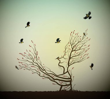 kaya ve titmouses kuşlar, ağaç ruh, adam canlı ağaç gibi onun el şube uçan kuşlar, peri masalı Sürrealizm, bitki canlı fikir veren ağaç,