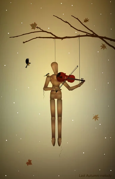 Melancolía otoñal, melodía otoñal pasada, marioneta colgando de la rama del árbol y tocando el violín para los pájaros de las tetas , — Vector de stock