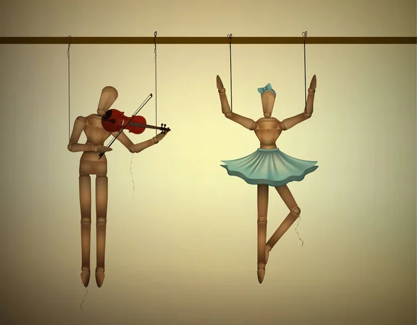 Concept de duo musical, merionettes couple une danse et un violon , — Image vectorielle