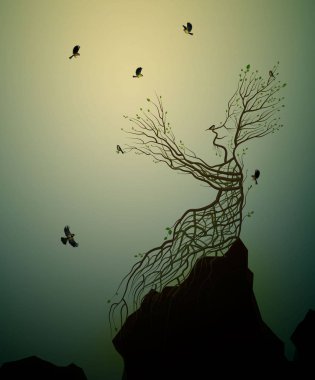 rock ve baştankara, ağaç ruh, adam canlı ağaç gibi onun el şube uçan kuşlar, peri masalı Sürrealizm, bitki canlı fikir veren ağaç,