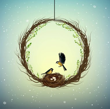 aile ev fikir, thebranches yuva ile çelenk ve içinde iki kuş, güzel evim, bahar fikir içinde doğa dekorasyon,