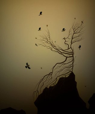 kaya ve titmouses kuşlar, ağaç ruh, adam canlı ağaç gibi onun el şube uçan kuşlar, peri masalı Sürrealizm, bitki canlı fikir veren ağaç,