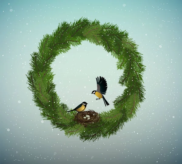 에코 그린 휴가 아이디어, 둥지와 크리스마스 트리 분기의 화 환 및 두 개의 새 내부, 달콤한 집, 보호 숲 개념, 자연 장식, — 스톡 벡터