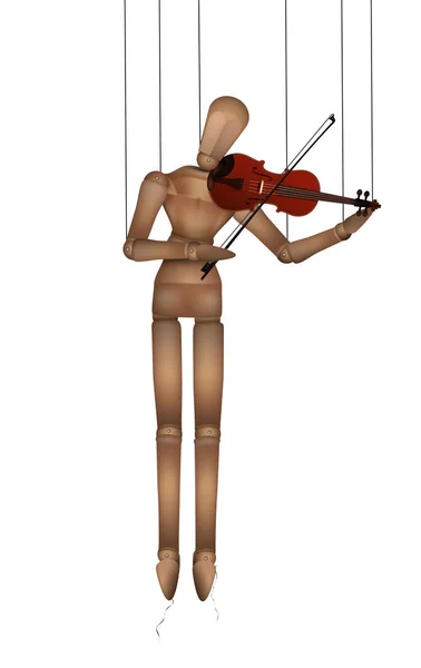 Fából készült marionett játszik Violine címmel kiadott elszigetelt fehér, zene lecke ötlet, dallam mindenkinek koncepció, — Stock Vector