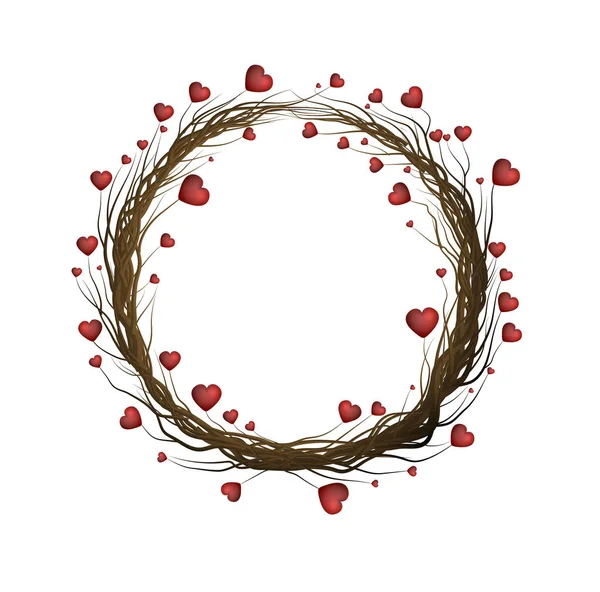 Valentýna s zimní věnec, brenches strom s červenými srdci vytvořit věnec na bílém pozadí, — Stockový vektor