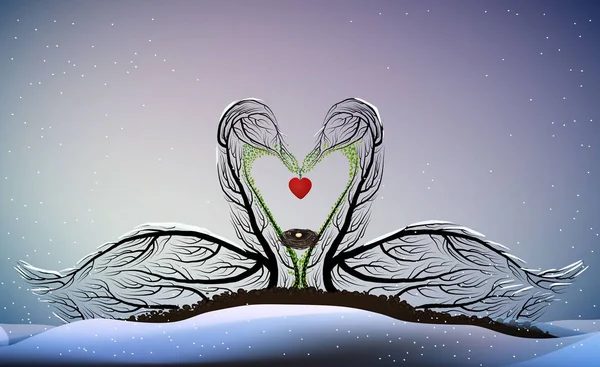 Valentine karty láska navždy, dvě labutě vypadají jako větve stromu s ptákem vnořit uvnitř a drží srdce, — Stockový vektor