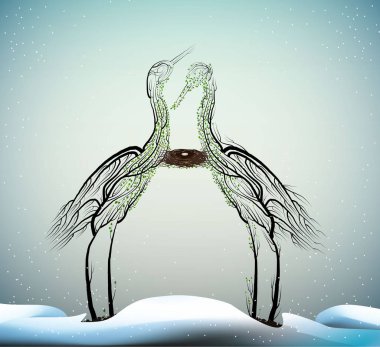 Birds extinction concept, spirit of dying birds due the climate change, Two heron bird look like tree branches with the bird nest inside, protect the birds and forest, clipart