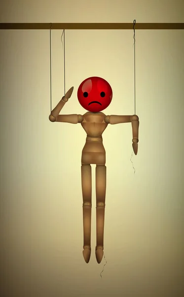Arrabbiato, concetto umore deluso, realistico marionetta di legno appeso con viso arrabbiato rosso deluso invece di testa , — Vettoriale Stock