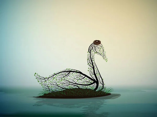 Pájaro cisne parecen ramas de árbol con el nido, composición hermosa primavera , — Vector de stock