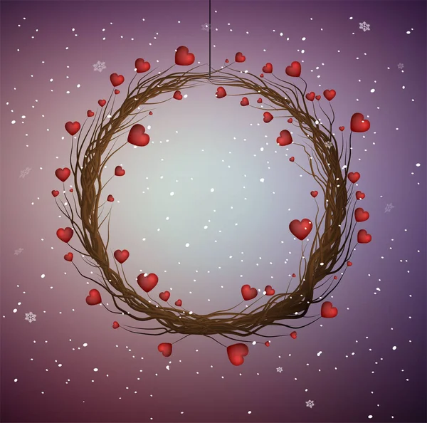 Corona de invierno de San Valentín, brenches de árboles con corazones rojos creando la corona , — Archivo Imágenes Vectoriales