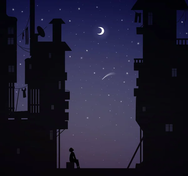 Nachtträumer, Junge sitzt in der Nähe der Stadthäuser und schaut zu den Sternen, träumt — Stockvektor