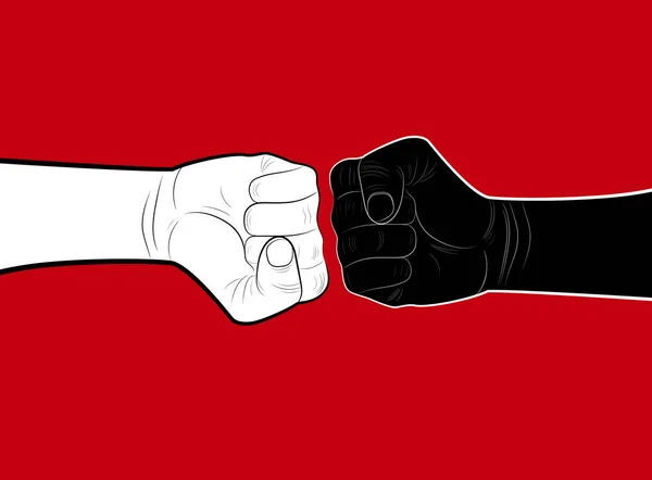 Irkçılık kavramı, iki el siyah minimalist poster, kırmızı arka plan beyaz durdurmak, — Stok Vektör
