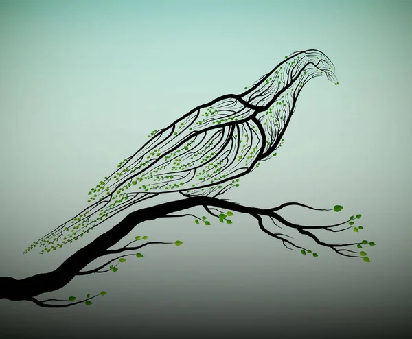 Uccello piccione simile a rami d'albero con foglie verdi , — Vettoriale Stock