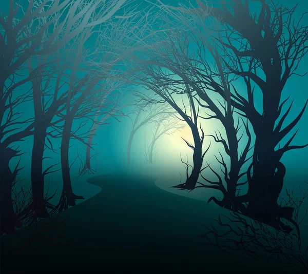 Gruselwald mit Licht, Parkstreifen in der Nacht mit geheimnisvollem gelben Licht, Halloween-Mysterium, — Stockvektor
