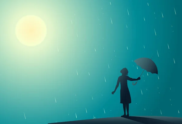 Joven chica de pie en la lluvia tira de paraguas a un lado para mirar el sol brillante , — Vector de stock