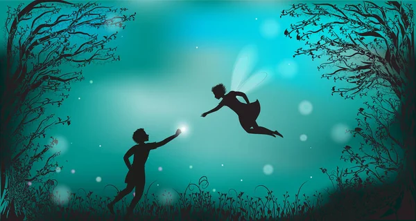 Diepe fairy forest silhouet at night met fairy meisje en jongen geven de lantaarn, vuurvliegjes, — Stockvector