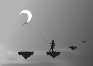 boy pulling the moon and walking on a flying rock, steal the moon, wonderland, dream, clipart