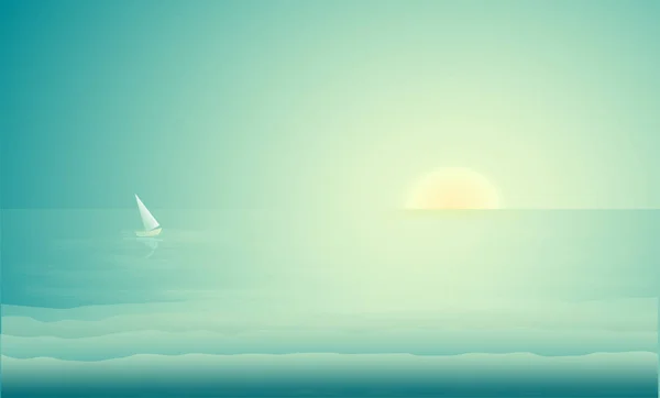 Hav-landskap med segelbåt, havet sunrise, havet tidigt på morgonen, — Stock vektor