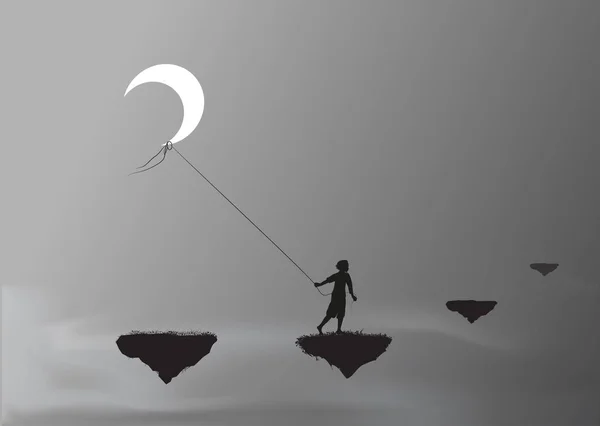 Pojke drar månen och gå på en flygande rock, stjäla den månen, wonderland, dröm, — Stock vektor