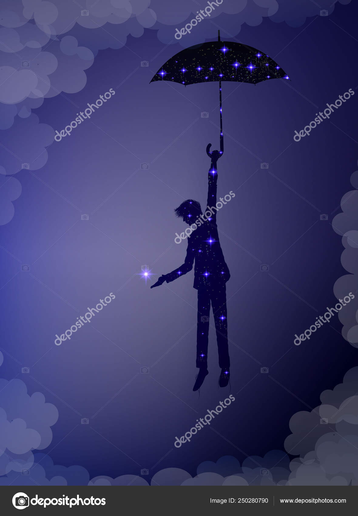 Märchennacht naht, stelle den Stern auf den Nachthimmel, glänzende  Silhouette des Menschen mit Regenschirm, der den Stern umhüllt, meine  Valentinsidee, Märchen am Himmel, Nachträumer, Stock-Vektorbild von  ©fonafona 250280790, image size:1180x1700
