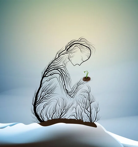 Silueta de árbol como una mujer sosteniendo la primera gota de nieve , — Vector de stock