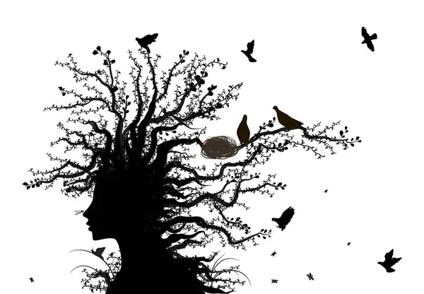 Tree soul, face of tree, spirit of nature, birds return to the alive tree, tree woman, black and white, — Stock Vector