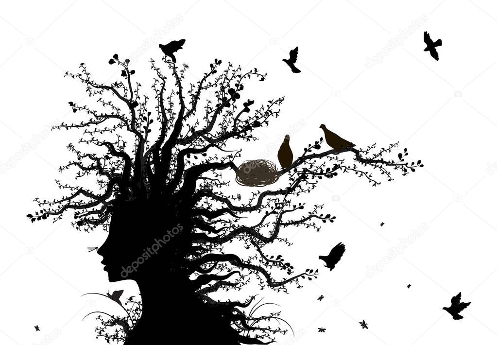 tree soul, face of tree, spirit of nature, birds return to the alive tree, tree woman, black and white,