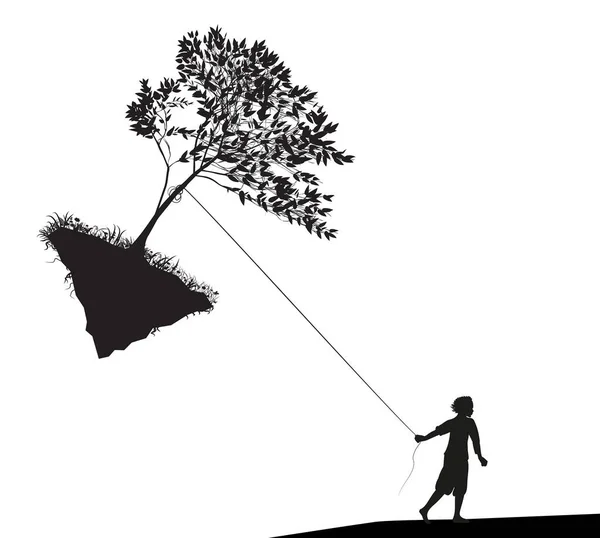 Garçon tenant et tirant l'arbre sur le rocher volant, prendre le dernier arbre, l'humanité et l'environnement , — Image vectorielle