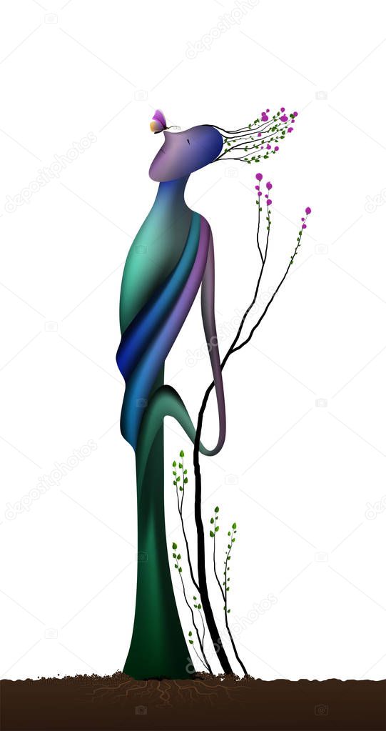 tree soul in the spring time, man shape tree in blossom with butterfly, spring dream icon concept, surrealism,