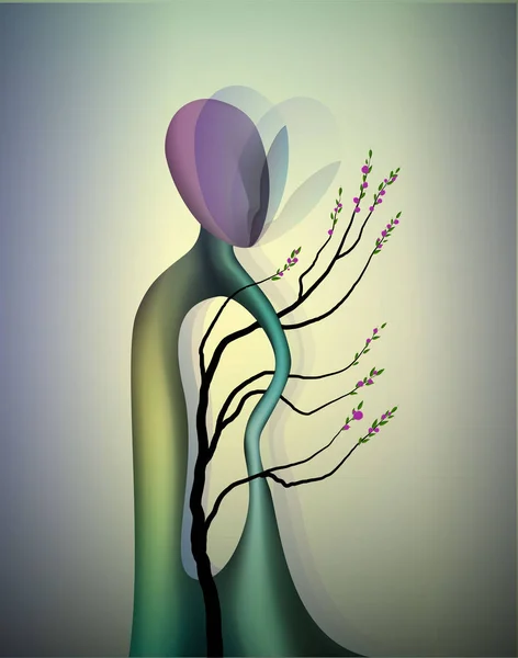 Alma del árbol en el tiempo de primavera, árbol de la forma del hombre en flor, concepto del icono del sueño de primavera, surrealismo , — Vector de stock